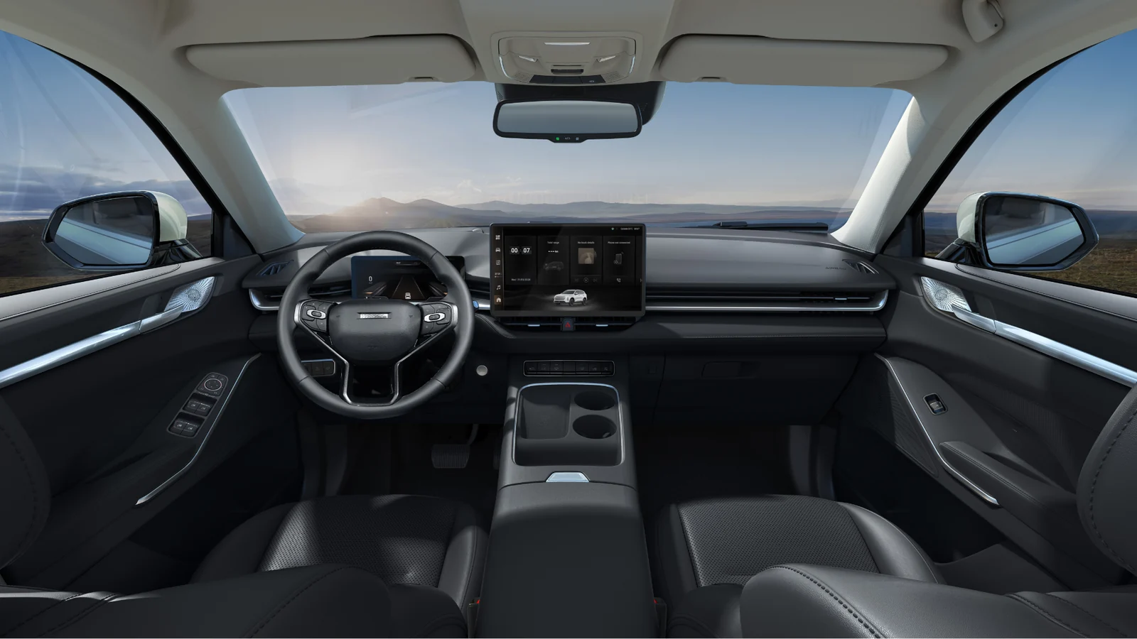 Interior of a Chinese SUV with a large touchscreen and digital cluster