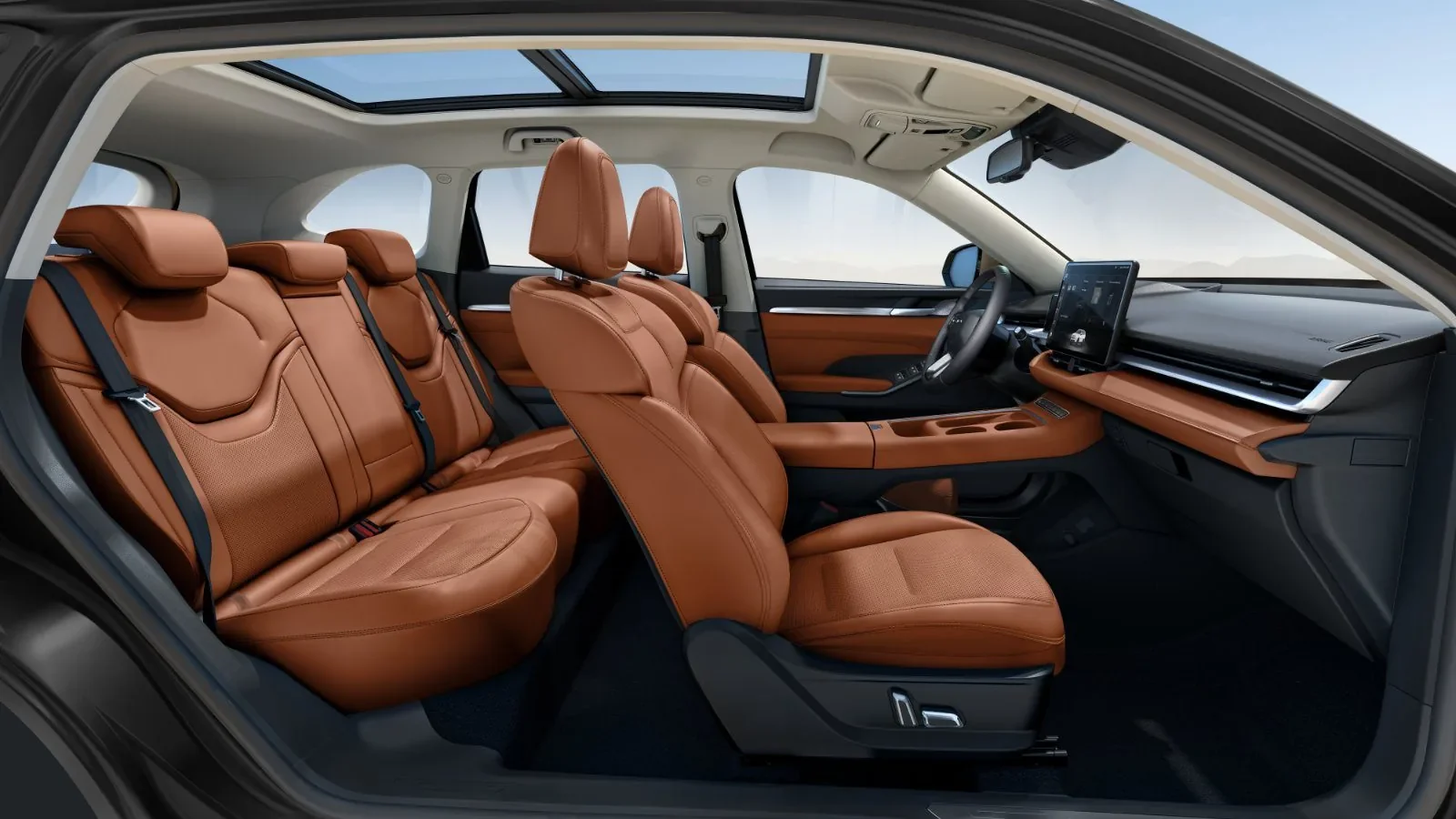 Interior of the HAVAL H6 HEV with brown seats and a panoramic roof